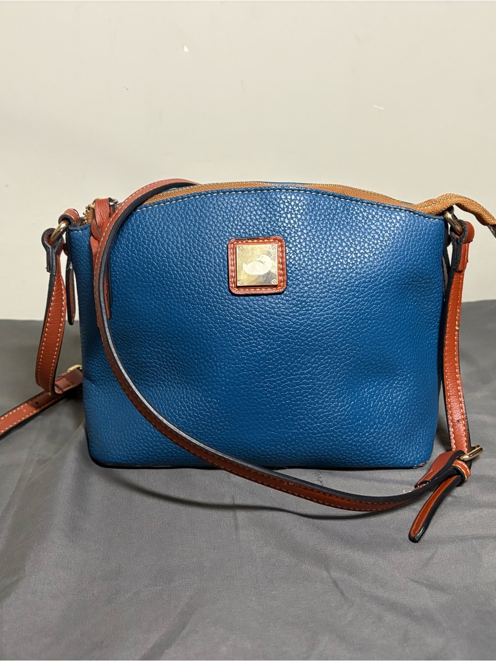 Dooney & Bourke Blue Pebble Leather Crossbody with Brown Trim